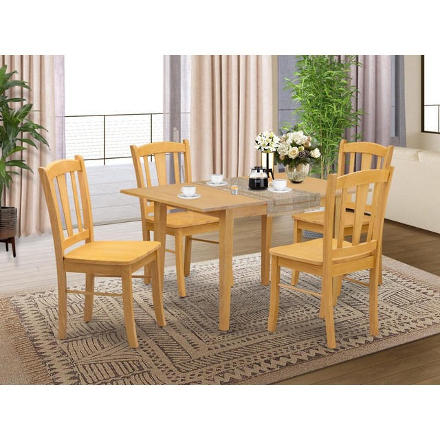 NFDL5-OAK-W - 5-Piece Kitchen Dining Room Set- 4 Dining Chair with Wooden Seat and Slatted Chair Back - Butterfly Leaf Modern Kitchen Table - Oak Finish