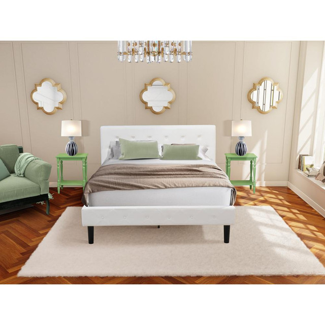 NL19Q-2BF12 3 Piece Bedroom Set - 1 Wood Bed White Velvet Fabric Headboard and 2 Night Stands - Clover Green Finish Nightstand