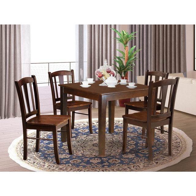 OXDL5-MAH-W - 5-Pc Dining Room Table Set- 4 Dining Chair and Dining Table - Wooden Seat and Slatted Chair Back - Mahogany Finish