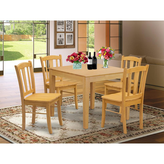OXDL5-OAK-W - 5-Piece Dining Room Table Set- 4 Wooden Chair and Wood Dining Table - Wooden Seat and Slatted Chair Back - Oak Finish
