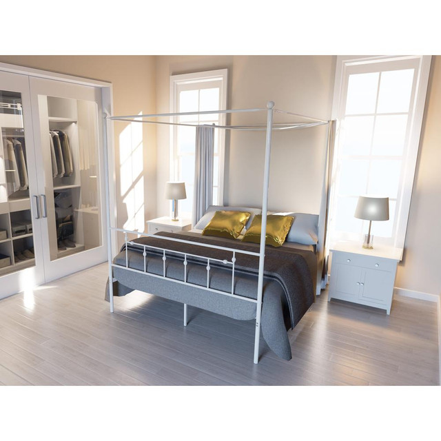 ATQCWHI Anniston Queen Bed with Luxurious Style Headboard and Footboard - Canopy Metal Frame in Powder Coating White