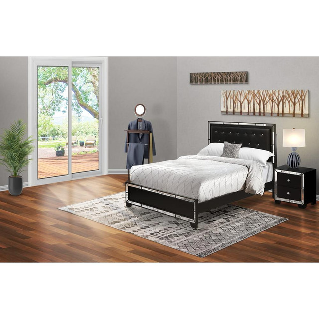 NE11-Q1N000 2-PC Nella Bedroom Set with Button Tufted Queen Bed and Small Nightstand - Black Leather Headboard and Black legs