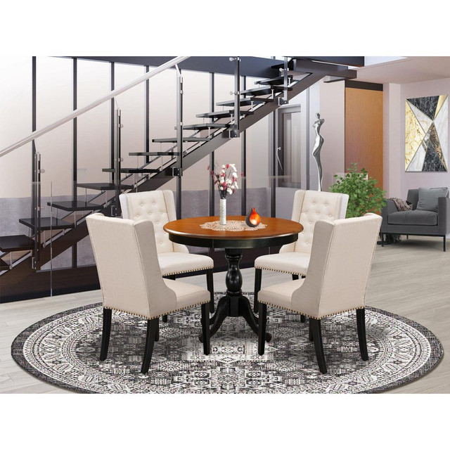 East West Furniture 5-Piece Modern Dining Table Set Contains a Wood Dining Table and 4 Cream Linen Fabric Dining Room Chairs with Button Tufted Back - Black Finish