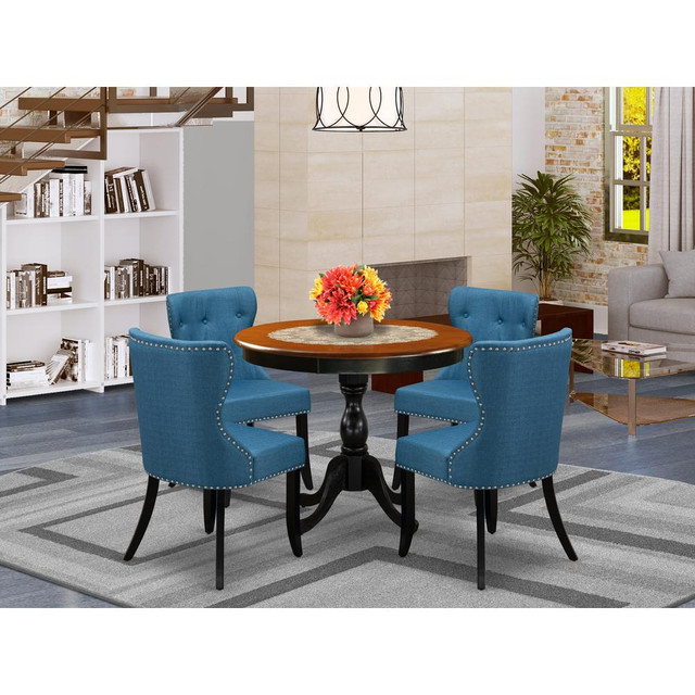 East West Furniture 5-Piece Dining Table Set Contains a Mid Century Dining Table and 4 Blue Linen Fabric Midcentury Modern Dining Chairs with Button Tufted Back - Black Finish