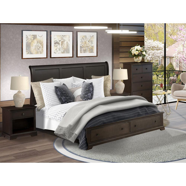 East West Furniture 4 Pc King Size Bed Set with Luxurious Style Headboard King Bed Frame, Drawer Chest and 2 Bed Side Tables - Wire Brushed Walnut Finish