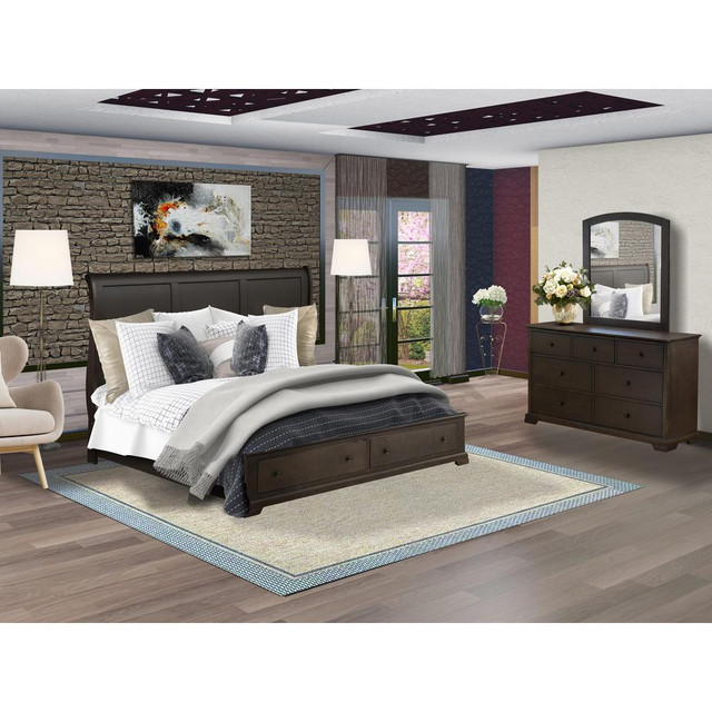 East West Furniture 3 Pc King Bed Set with Modern Style Headboard Modern Bed Frame, Mid Century Dresser, and Wood Mirror - Wire Brushed Walnut Finish