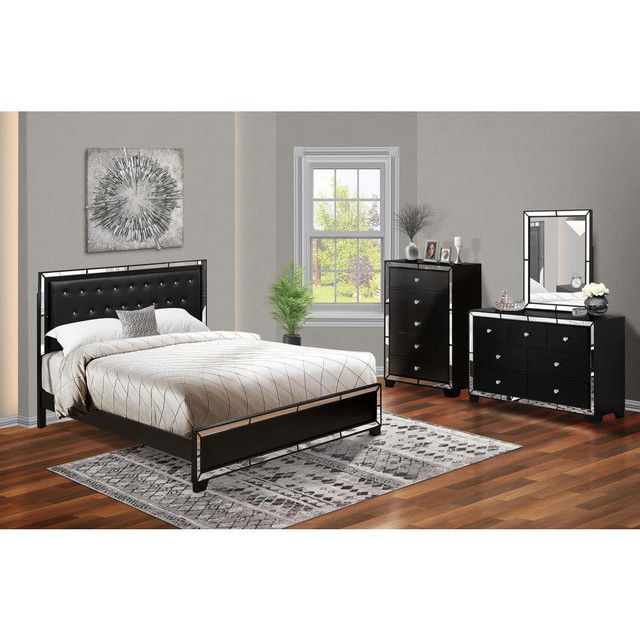 East West Furniture 4-Piece Nella Bedroom Furniture Set with Button Tufted Bed Frame, Dresser Bedroom, Makeup Mirror, Chest for Bedroom - Black Leather King Headboard and Black Legs