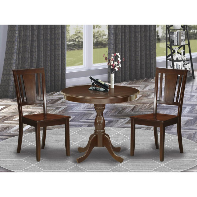 East West Furniture 3 Piece DINETTE SET Consists of 1 Pedestal Dining Table and 2 Mahogany Dinning Chairs with Panel Back - Mahogany Finish