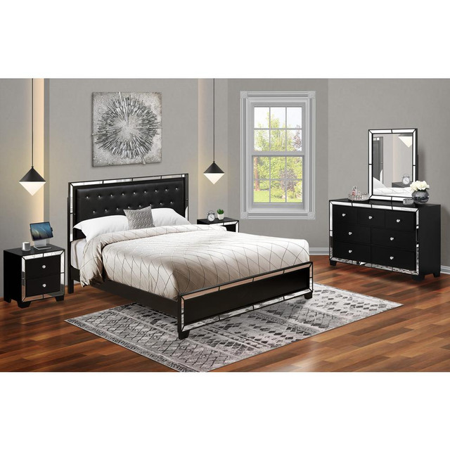 East West Furniture 5-PC Nella King Bedroom Set with a Button Tufted Upholstered Bed, Dresser Bedroom, Room Mirror, and 2 Modern Nightstands - Black Leather Headboard and Black Legs