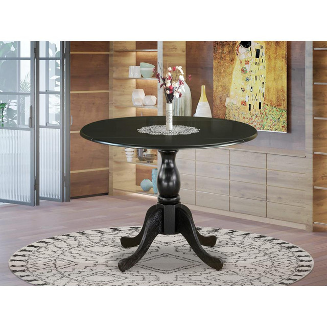 East West Furniture Round Dining Table with Drop Leaves - Black Table Top and Black Pedestal Leg Finish