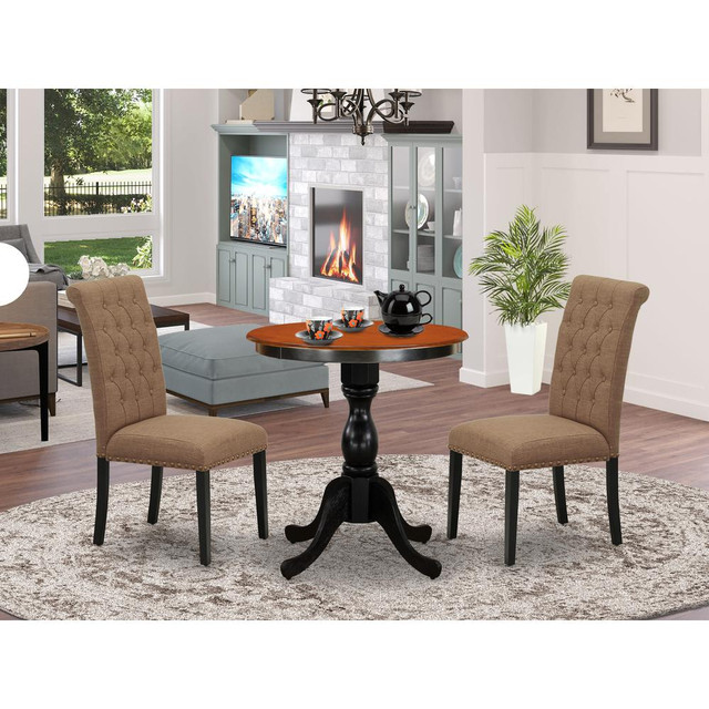 East West Furniture 3-Piece Mid Century Dining Set Include a Dining Table and 2 Light Sable Linen Fabric Padded Chairs with Button Tufted Back - Black Finish