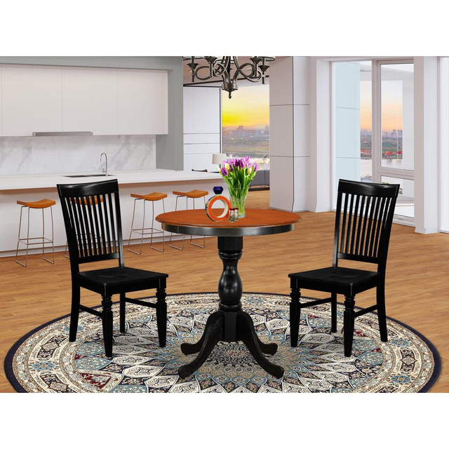East West Furniture 3-Piece Dining Set Include a Wooden Dining Table and 2 Dining Chairs with Slatted Back - Black Finish