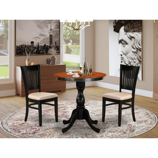 East West Furniture 3-Piece Dining Table Set Include a Wood Table and 2 Linen Fabric Kitchen Chairs with Slatted Back - Black Finish