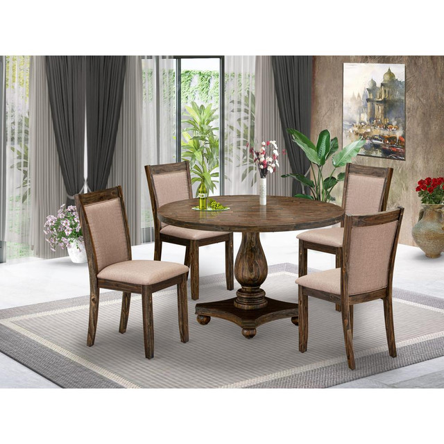 East West Furniture 5 Piece Dining Room Table Set Contains a Modern Dining Table and 4 Dark Khaki Linen Fabric Mid Century Dining Chairs with High Back - Distressed Jacobean Finish