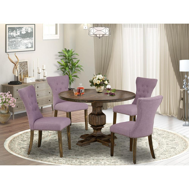 East West Furniture 5 Piece Dining Room Table Set Includes a Dining Room Table and 4 Dahlia Linen Fabric Dining Room Chairs with Button Tufted Back - Distressed Jacobean Finish