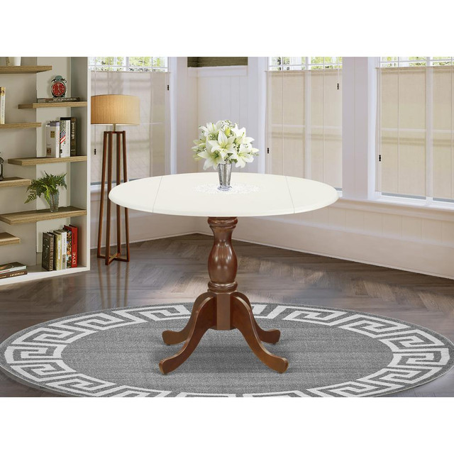 East West Furniture Modern Dining Table with Drop Leaves - Linen White Table Top and Mahogany Pedestal Leg Finish