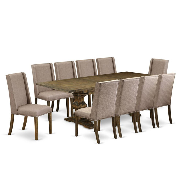 East West Furniture 11-Piece Dining Room Table Set Consists of a Mid Century Dining Table and 10 Dark Khaki Linen Fabric Modern Dining Chairs with High Back - Distressed Jacobean Finish