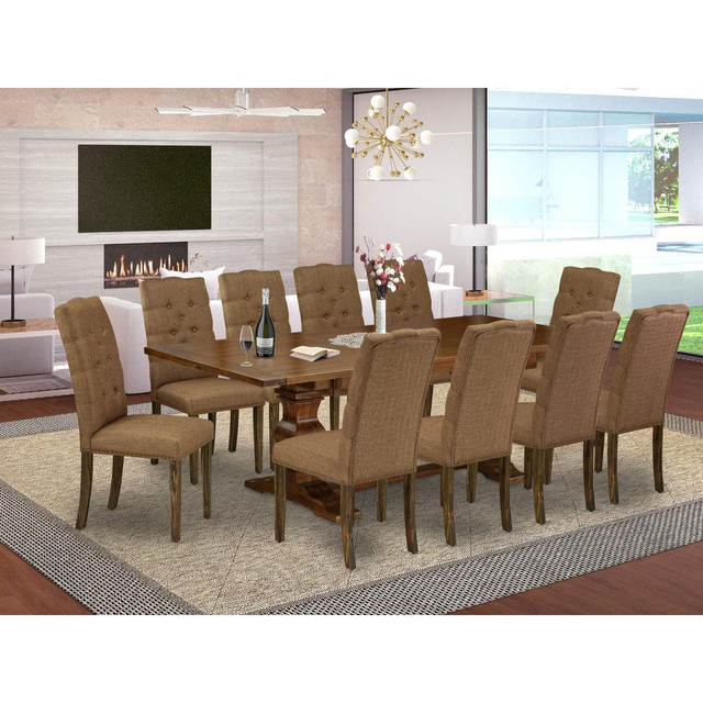 East West Furniture 11-Pc Dining Set - A Butterfly Leaf Double Pedestal Wooden Dining Table and 10 Brown Linen Fabric Dining Chairs with Button Tufted Back - Antique Walnut Finish