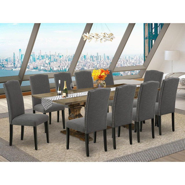 East West Furniture 11-Pc Mid Century Dining Set Includes a Wooden Table and 10 Dark Gotham Grey Linen Fabric Upholstered Chairs with High Back - Distressed Jacobean Finish