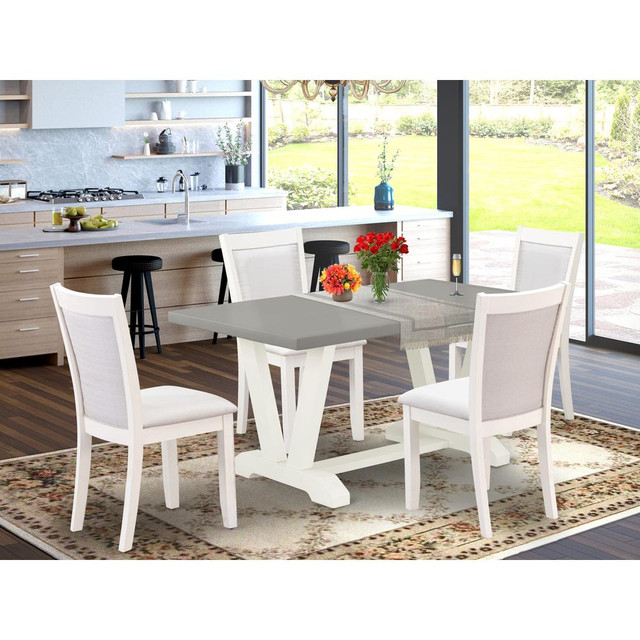 East West Furniture 5-Piece Dining Room Table Set Includes a Wood Dining Table and 4 Cream Linen Fabric Upholstered Chairs with Stylish Back - Wire Brushed Linen White Finish