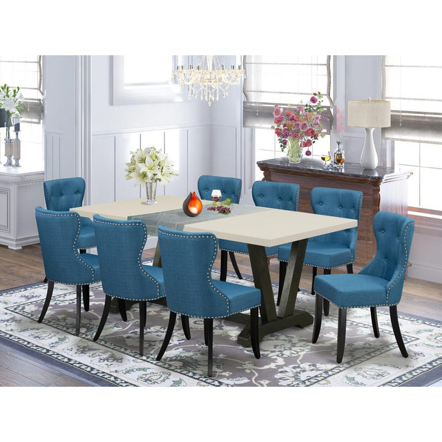 East West Furniture 9-Piece Dinette Room Set- 8 Parson dining room chairs with Blue Linen Fabric Seat and Button Tufted Chair Back - Rectangular Table top & Wooden Legs - Linen White and Black Finish