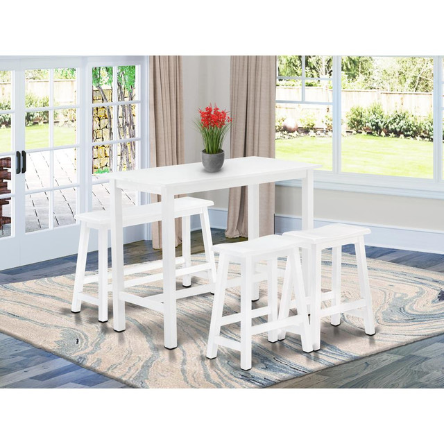 East West Furniture 4 Piece Mid Century Dining Set Contains a Dining Table, 2 Kitchen Stools with a Kitchen Bench - Wire Brushed Bright White Finish