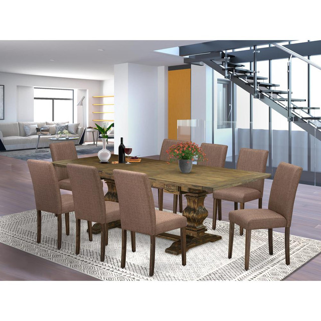 East West Furniture 7-Piece Mid Century Modern Dining Table Set-A Kitchen Table and 6Linen FabricDining Room Chairs with High Back - Distressed Jacobean Finish