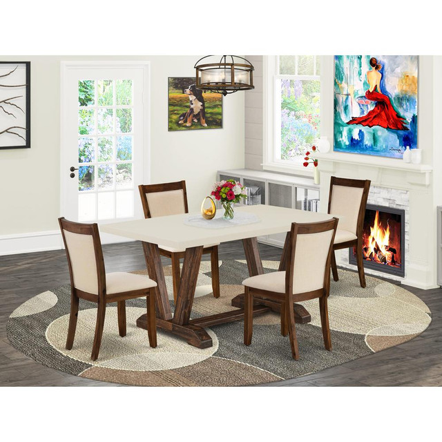 East West Furniture 5-Pc Kitchen Set - 1 Dining Table with Linen White Tabletop and 4 Light Beige Linen Fabric Modern Chairs with Stylish High Back (Distressed Jacobean Finish)