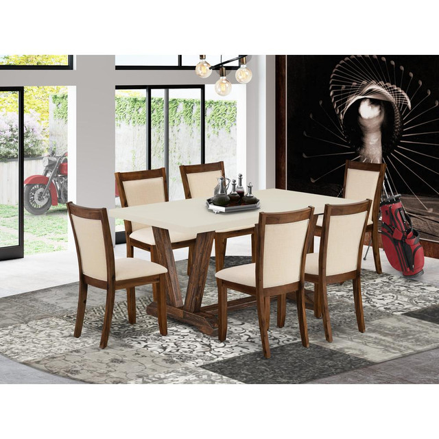 East West Furniture 7-Pc Dining Table Set - A Dining Table with Linen White Top and 6 Light Beige Linen Fabric Modern Dining Chairs with Stylish Back (Distressed Jacobean Finish)