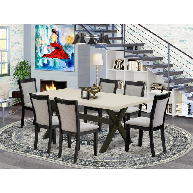 East West Furniture 7 Piece Table Set - Linen White Top Wooden Table with Trestle Base and 6 Shitake Linen Fabric Kitchen Chairs - Wire Brushed Black Finish