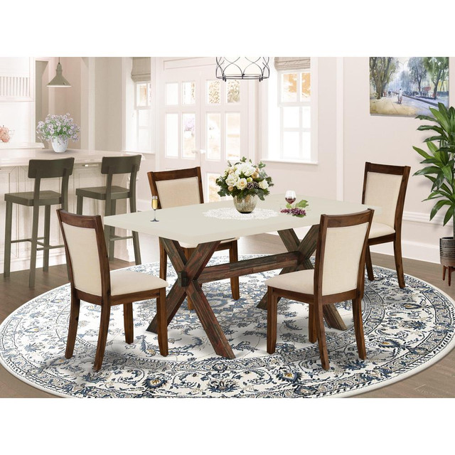 East West Furniture 5-Piece Dining Room Set Contains a Dinning Table and 4 Light Beige Linen Fabric Upholstered Chairs with Stylish Back - Distressed Jacobean Finish