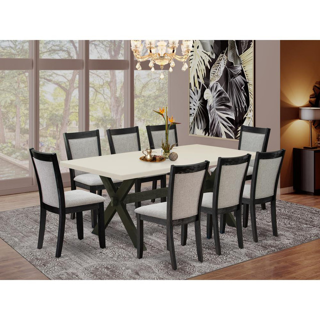 East West Furniture 9 Piece Table Set - A Linen White Top Mid Century Dining Table with Trestle Base and 8 Shitake Linen Fabric Upholstered Dining Chairs - Wire Brushed Black Finish