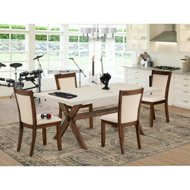 East West Furniture 5-Pc Modern Dining Set Contains a Wooden Dining Table and 4 Light Beige Linen Fabric Upholstered Dining Chairs with Stylish Back - Distressed Jacobean Finish