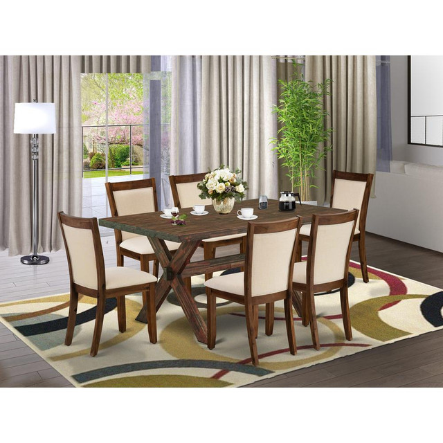East West Furniture 7-Pc Kitchen Table Set Contains a Mid Century Table and 6 Light Beige Linen Fabric Parsons Chairs with Stylish Back - Distressed Jacobean Finish