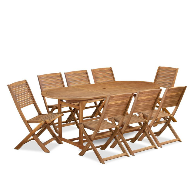 9 Piece Patio Garden Table Set Consist of an Oval Acacia Wood Table