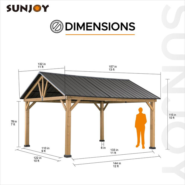 Sunjoy 11 ft. x 13 ft. Cedar Framed Gazebo with Matte-Black Steel Gable Hardtop Roof