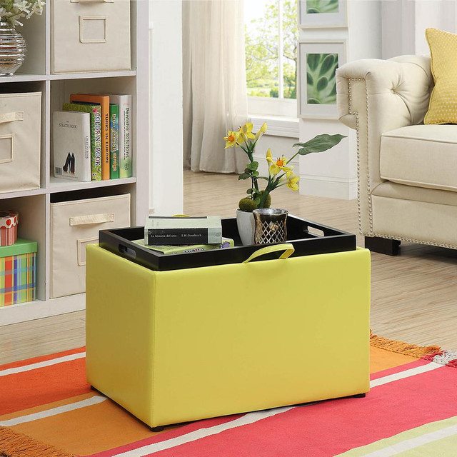 Designs4Comfort Accent Storage Ottoman with Reversible Tray Yellow Faux Leather