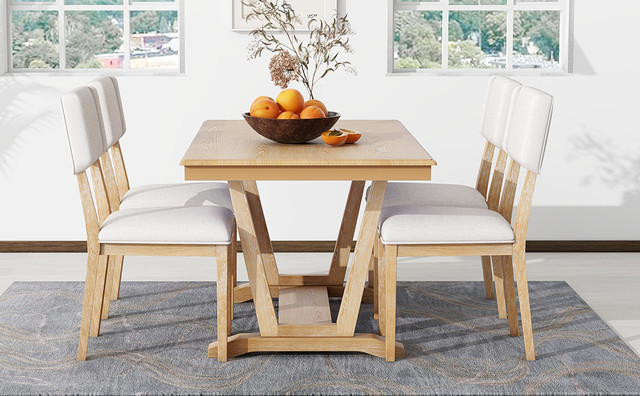 Rustic 5-piece Dining Table Set with 4 Upholstered Chairs, Natural