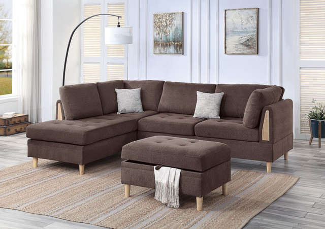 3-PCS Reversible Sectional Chocolate Color Chenille Couch Sofa, Reversible Chaise Ottoman