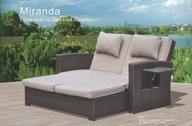 Miranda Loveseat to Daybed Combo Alum frame in powder coating Triple 3 in One Weave. Two flip out End Tables Olefin Cushions