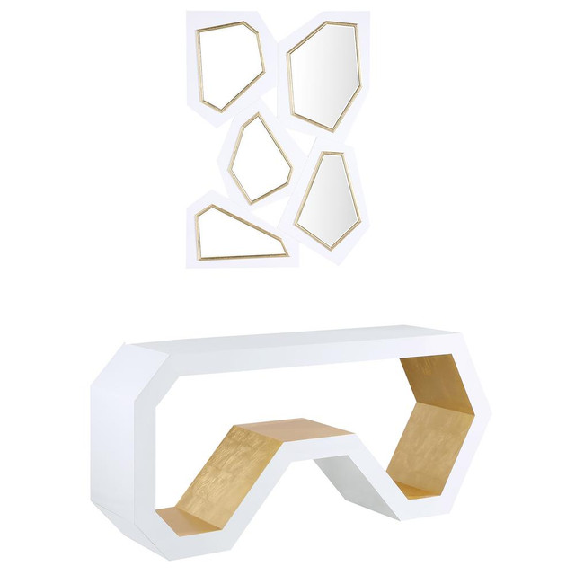 Masaru 2 Piece White with Gold Accent Console Table & Mirror