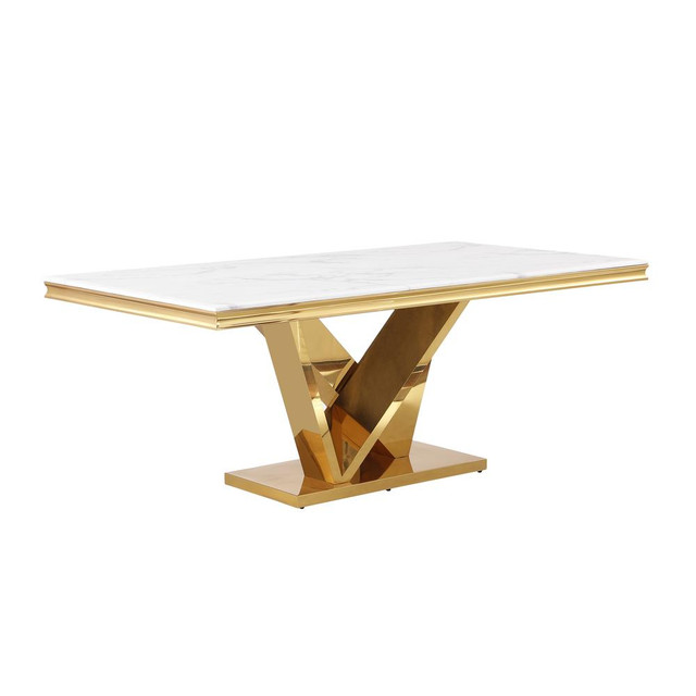 Blythe Stone Marble Laminate Gold Rectangle Dining Table