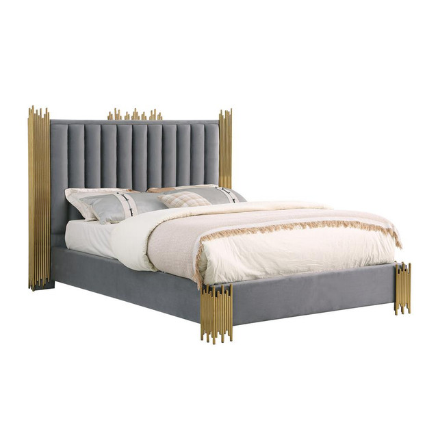 Eastern King size Dark grey velvet bed with gold corners (Platform)