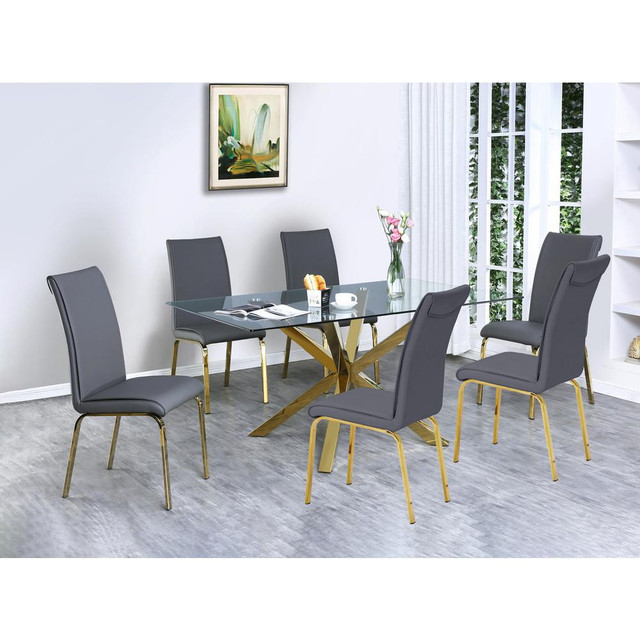 7 Piece Glass dinning Table Set with 6 Dark Gray Faux Leather Chairs/ Gold Stainless Steel legs