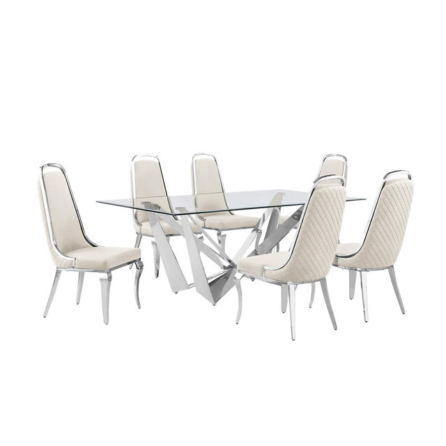 7pc Small(78") glass dining set with silver base and 6 Cream side chairs