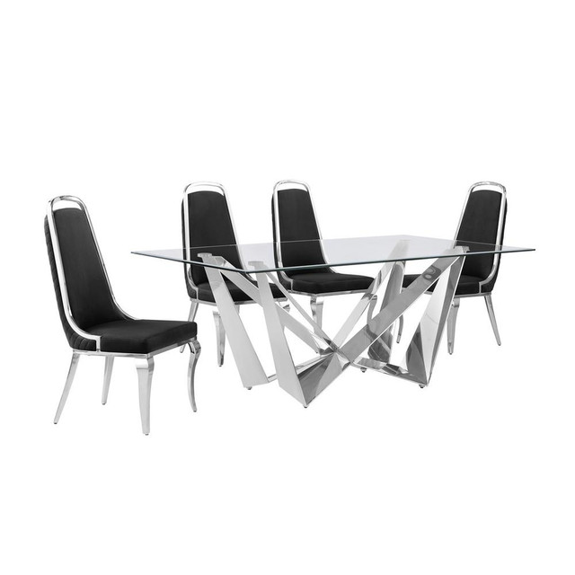 5pc Small(78") glass dining set with silver base and 6 Black side chairs