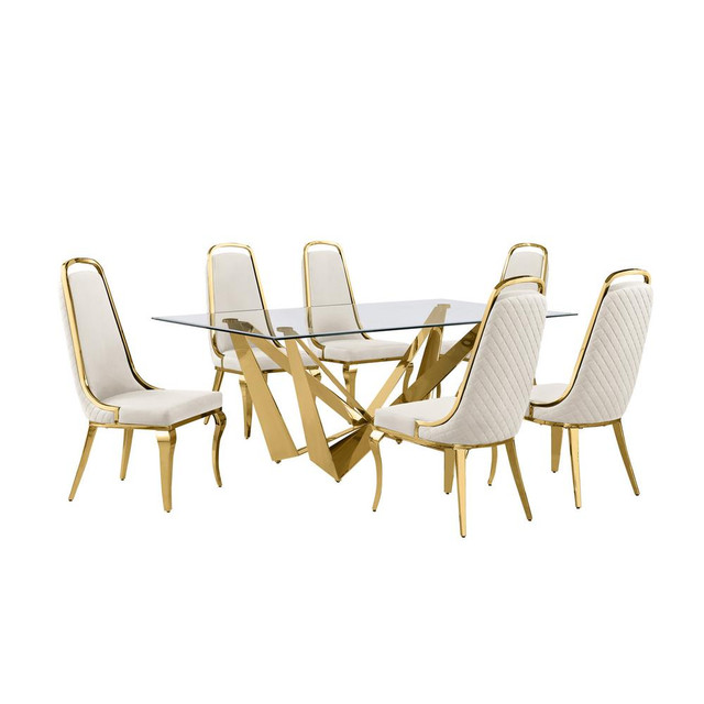 7pc Small(78") glass dining set with gold base and 6 Cream side chairs