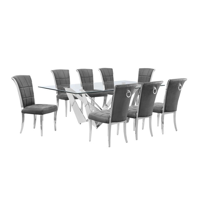 9pc Large(94") glass dining set with silver base and 8 Dark grey side chairs