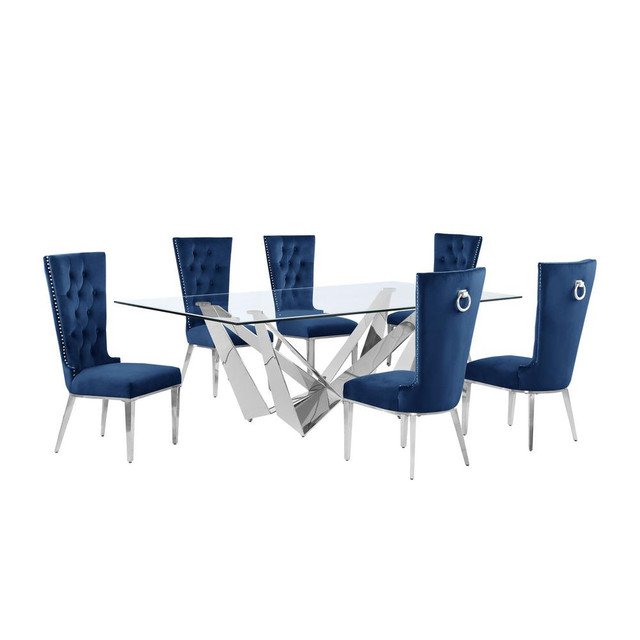 7pc Large(94") glass top dining set with silver base and 6 Navy blue side chairs