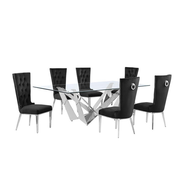7pc Large(94") glass top dining set with silver base and 6 Black side chairs